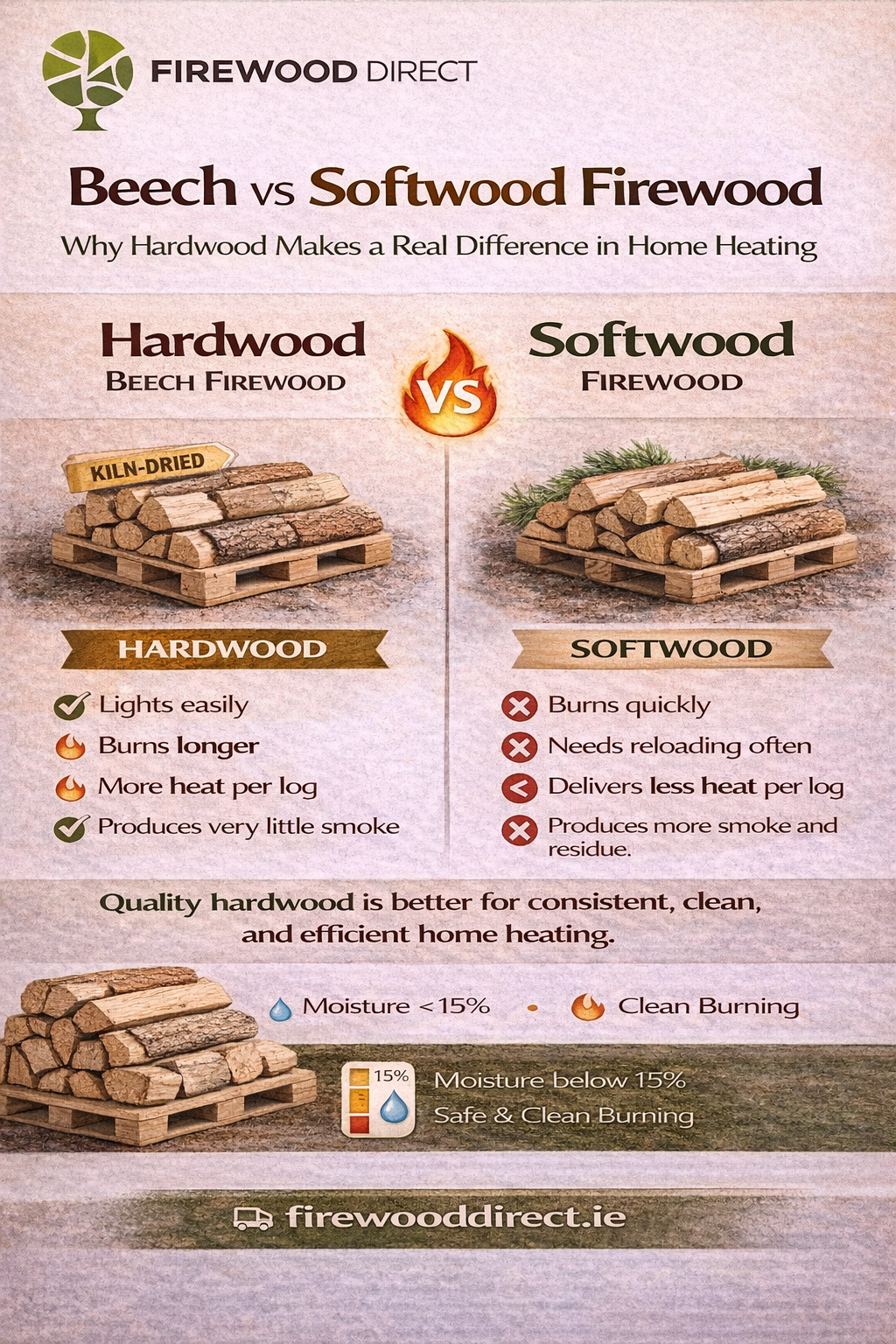 Comparison of hardwood and softwood firewood